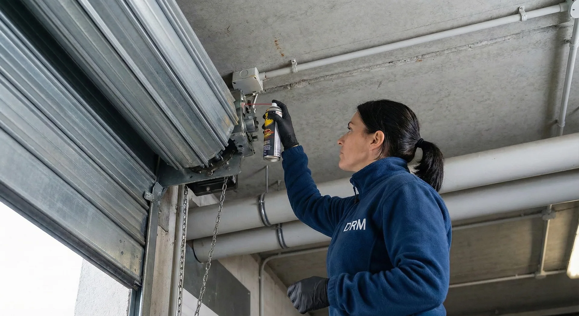 Technicien DRM realisant un entretien sous contrat sur un rideau metallique a Beauvais Technicien DRM realisant un entretien sous contrat sur un rideau metallique a Beauvais